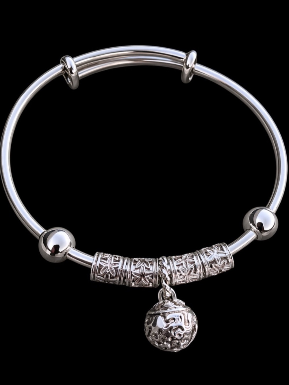 Sterling Silver Filigree Bell Charm Bangle Bracelet